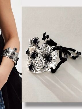Free People Bohemian Witchy Ornate Coronation Cuff Bracelet Black Silver NWT